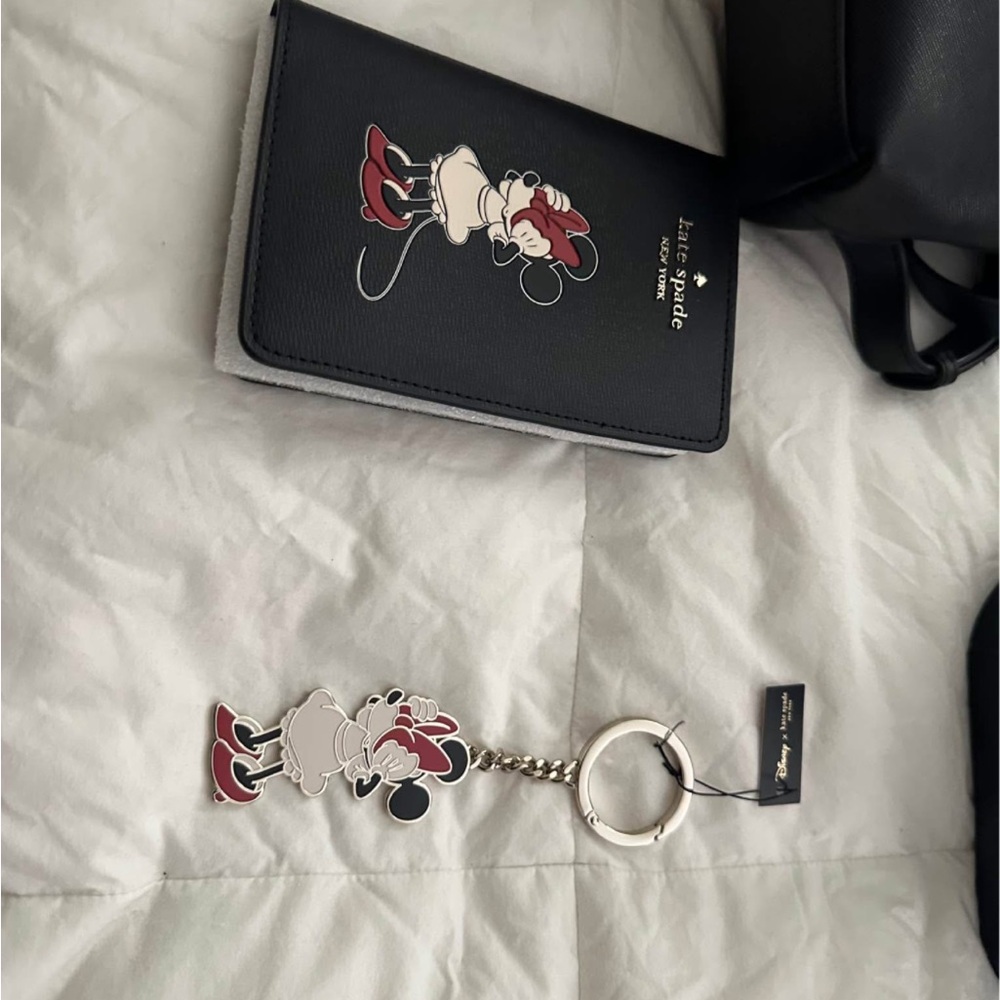 Kate Spade Black Wallet and Keychain Set with Minnie Mouse passport and